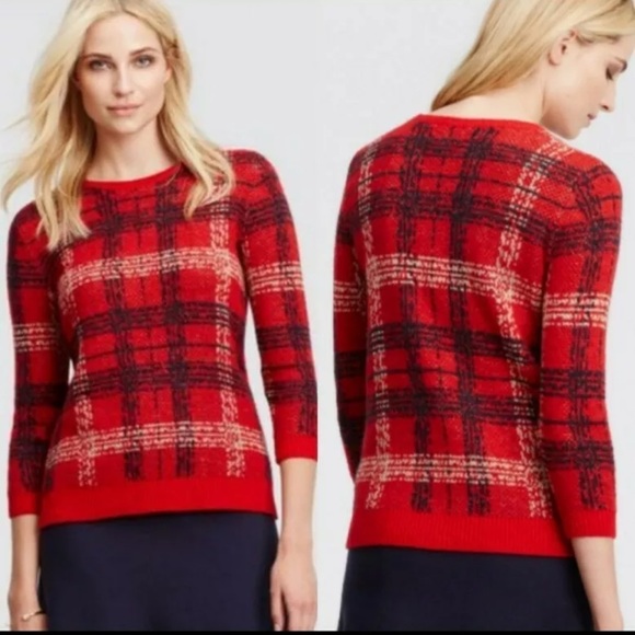 ANN TAYLOR Jacquard Red Black Plaid Wool-Mohair Blend Sweater Large - Picture 1 of 6